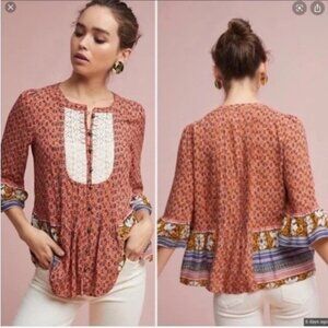 Anthropologie Rust Orange Floral Patchwork Peasant Blouse
